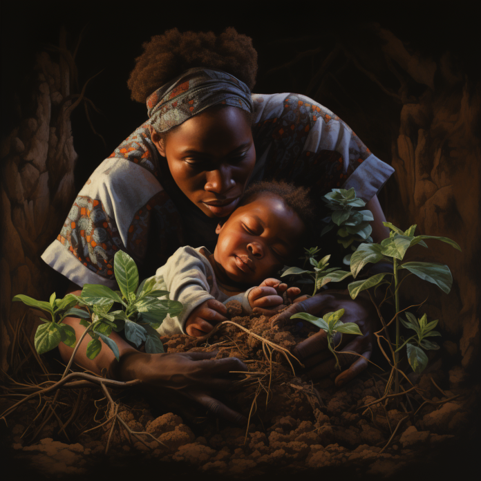 West African woman cradling a child