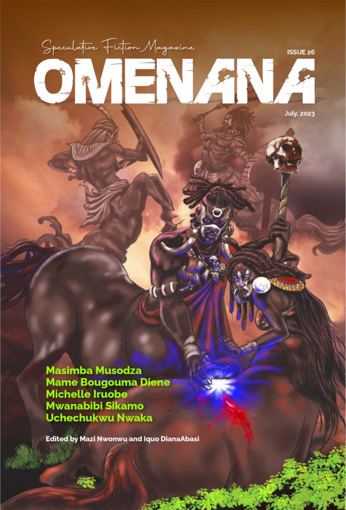 Cover for omenana issue 26 showing African centaurs in battle. 