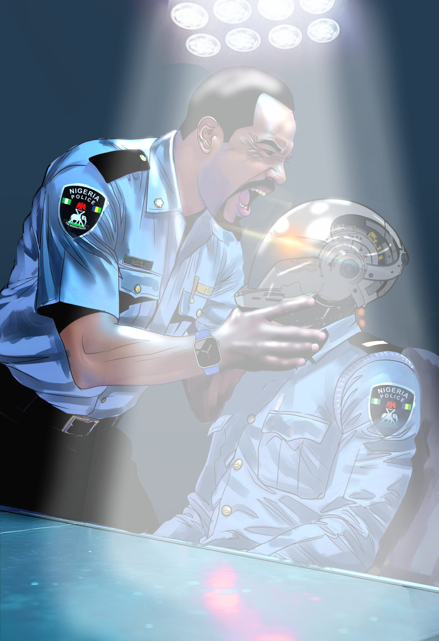 human police man grabbing a robot police man's head - art for if they can, shor story by Wole Talabi published in omenana issue 30, 10th anniversary edition